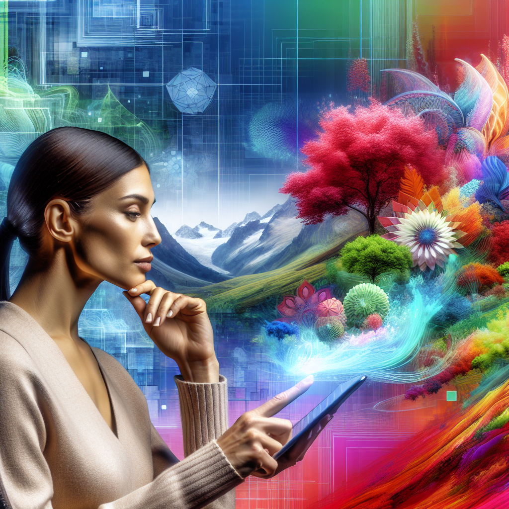 A serene person contemplating in front of a vibrant, DALL·E-style digital landscape emanating from a device in their hand, blurring the line between the digital realm and reality.