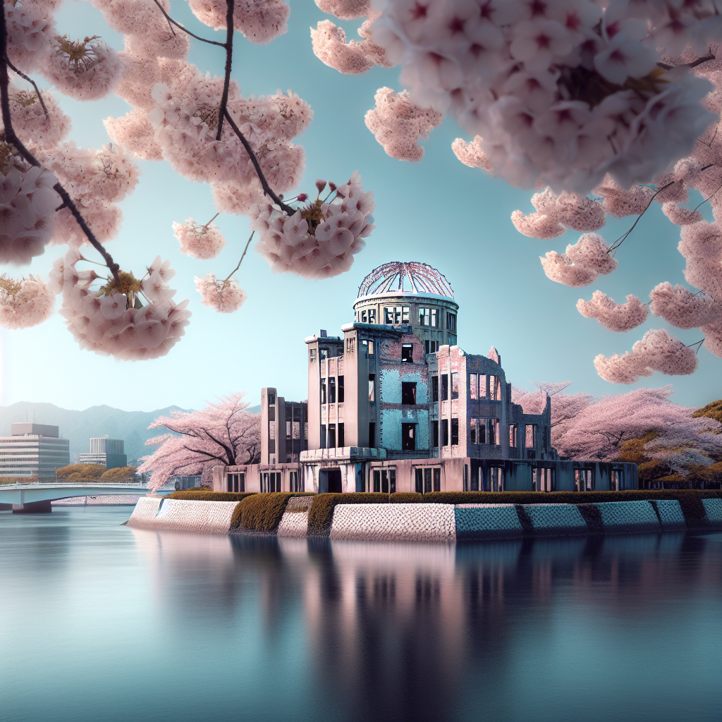 An image of the Hiroshima Peace Memorial, with blooming cherry blossom trees.