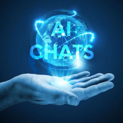 A hand holding a blue globe with the words ai chats, in the style of futuristic robots