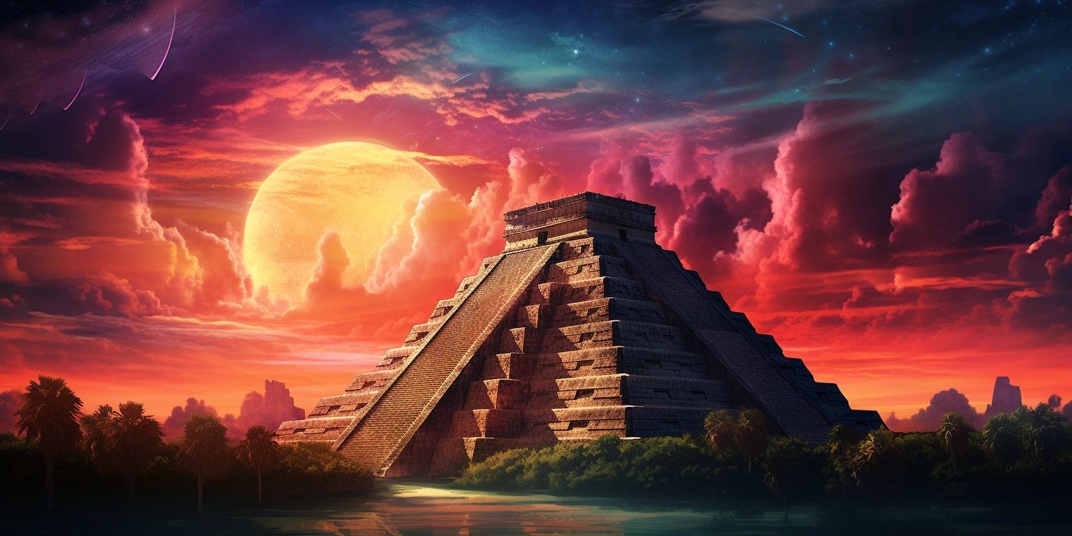 An ancient pyramid on a dark sky with stars, in the style of mayan art and architecture