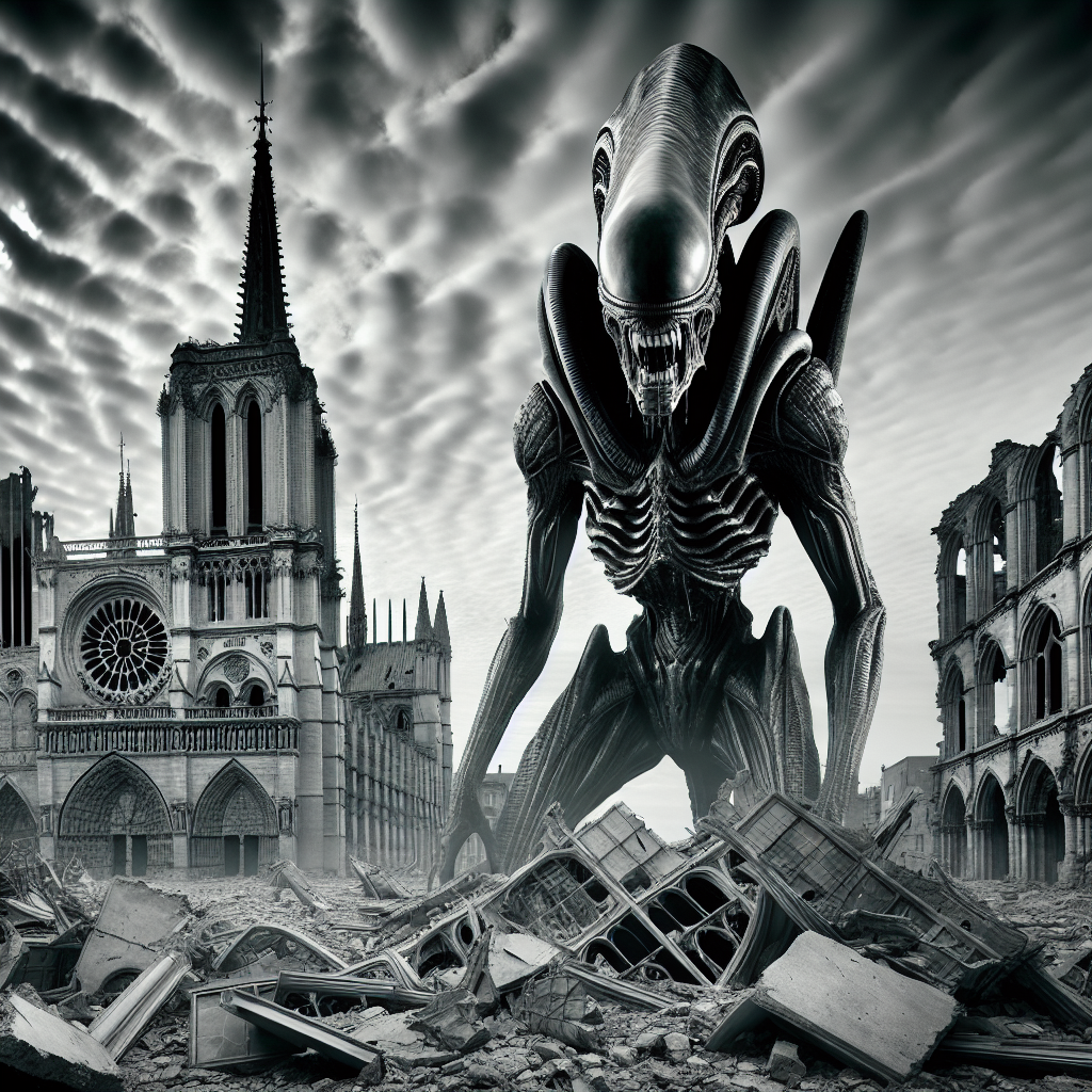 Alien looming over a shattered cathedral