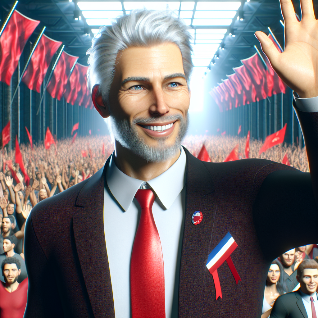 The image portrays Mark Carney, full of energy and positivity. He is a middle-aged white man with silver hair, blue eyes, and a glowing smile. Dressed in a black suit, white shirt, and a vibrant red tie symbolic of the Liberal Party, he raises his hand in a triumphant gesture. The backdrop features a cheering crowd, clad in red and waving the liberal party flags. The setting is electrifying with the atmosphere of joy and victory.