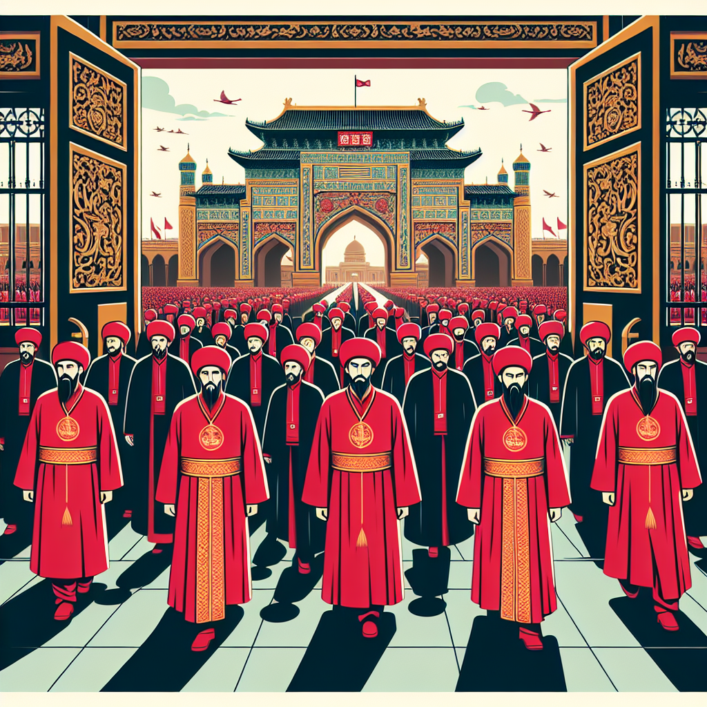 A group of resolute Cardinals in red cassocks entering the gates of Vatican City.
