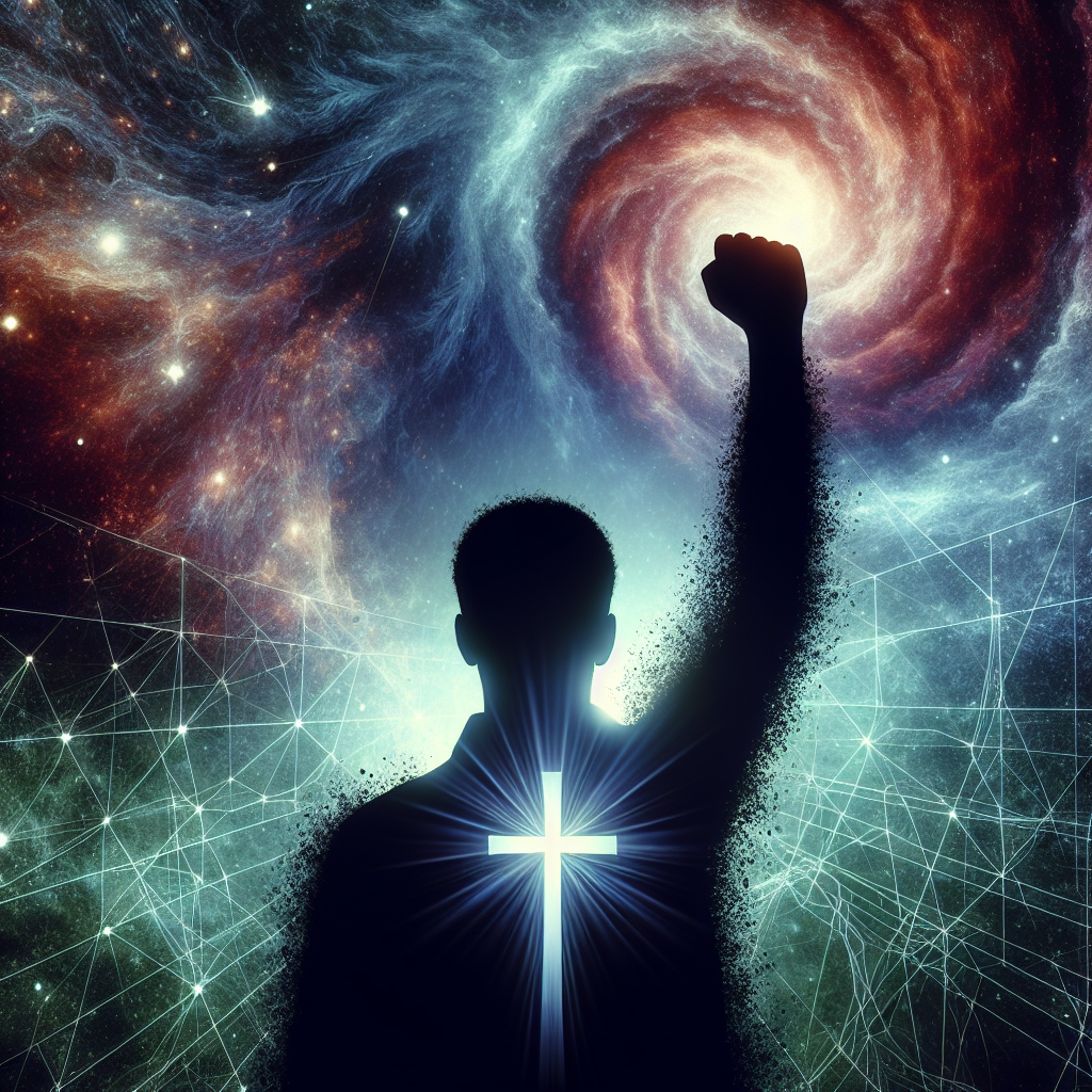 A silhouette of a lone man raising his fist towards the alien sky, a symbolic cross glows defiantly around his neck.