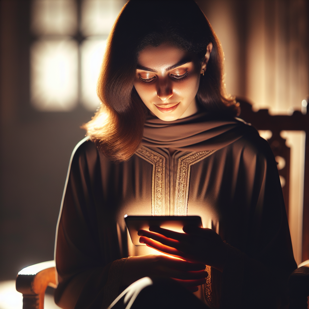 Person sitting peacefully with a light emanating from a device in their hands.