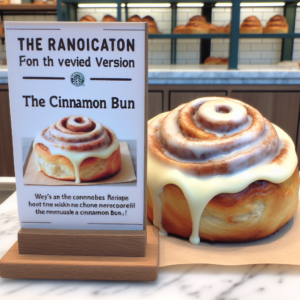 A close-up of the modified Costa Coffee cinnamon bun next to a sign announcing the change