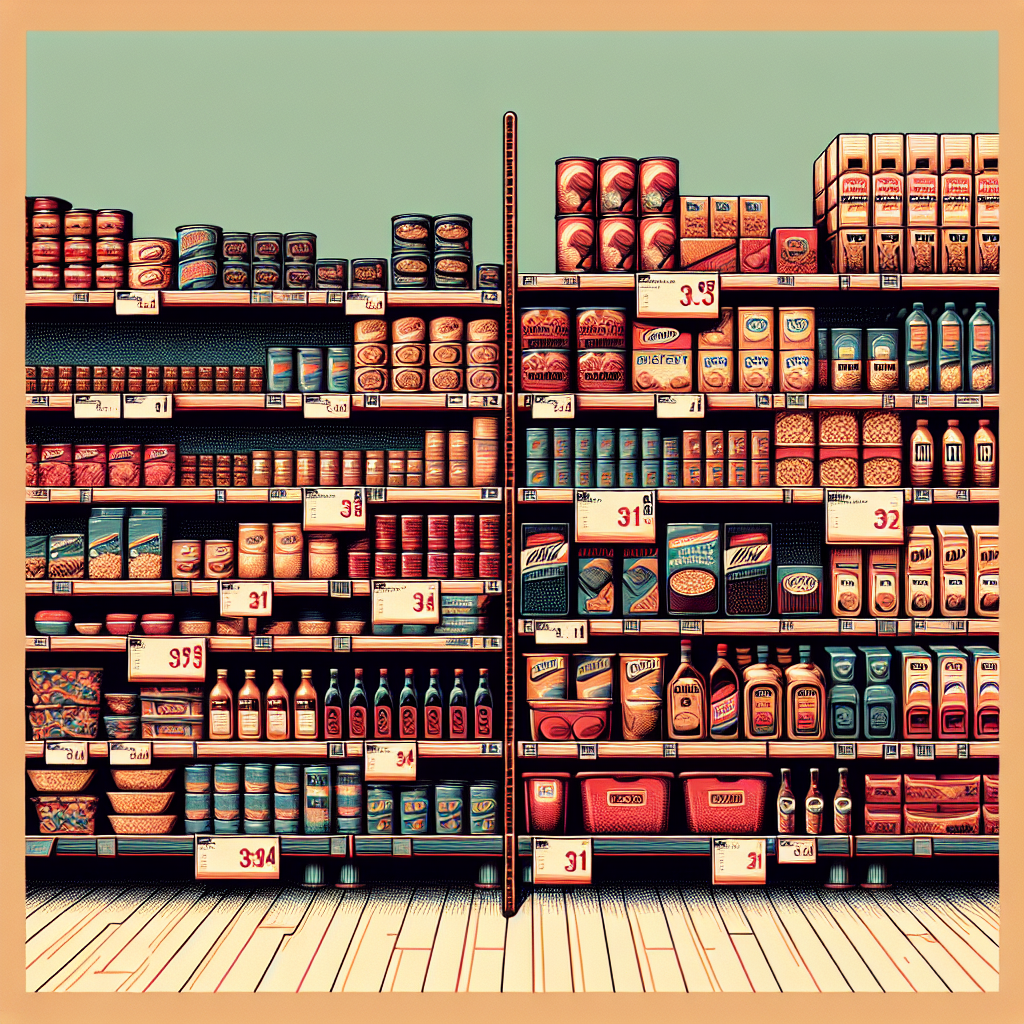 Create a realistic depiction of grocery store aisle with a visible price tag showing increased value. Ensure the scene evokes a sense of cost pressure felt by consumers.