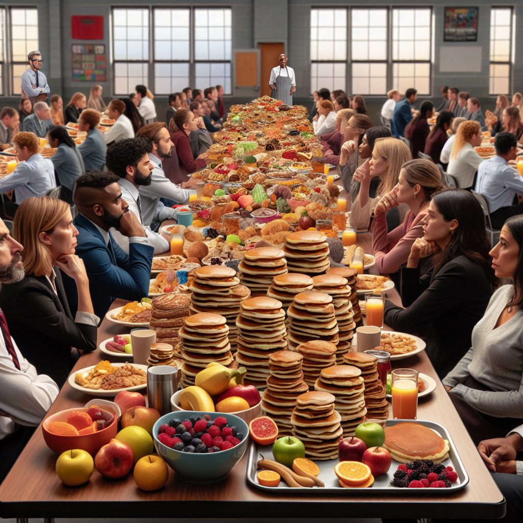 An overflowing breakfast table in a school cafeteria, with teachers and administrators discussing in the background