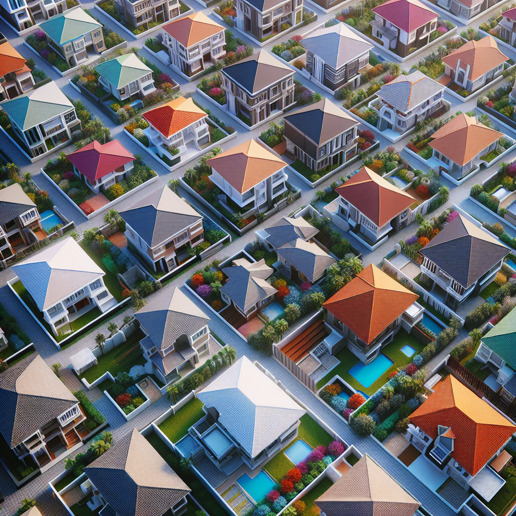 Create an image that showcases a variety of households with different postcodes. Assume an aerial perspective. Differentiate the houses by their design, colour, size, or type to imply socio-economic differences.