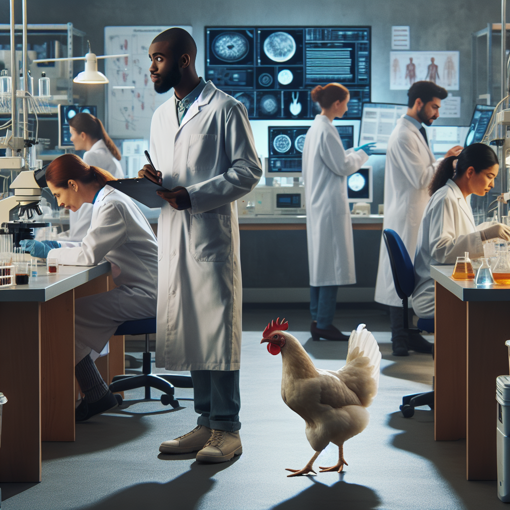 A chicken in a lab setting, surrounded by scientists.