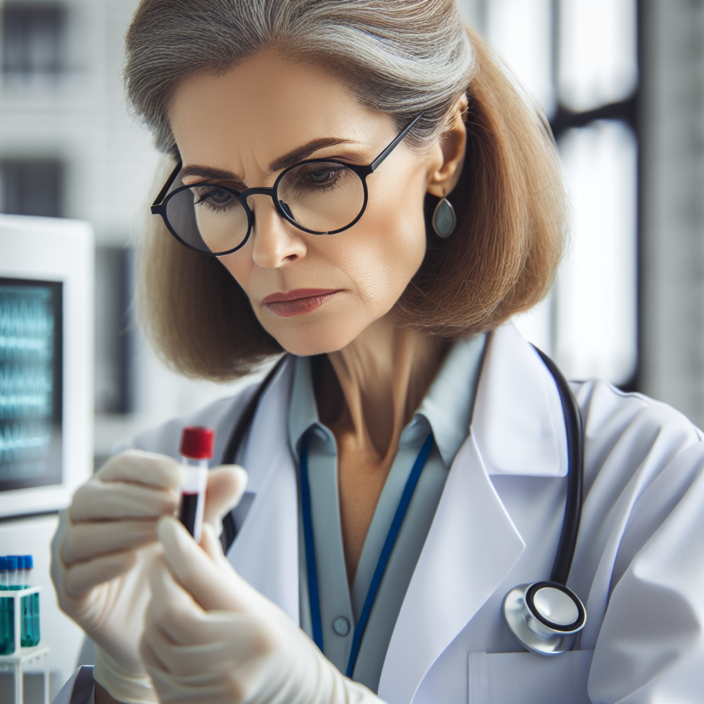 Dr. Valerie Jenkins, a 52-year-old English oncologist, examines a vial of blood in a state-of-the-art NHS lab. She wears a lab coat and glasses, her eyebrows are furrowed in focus.