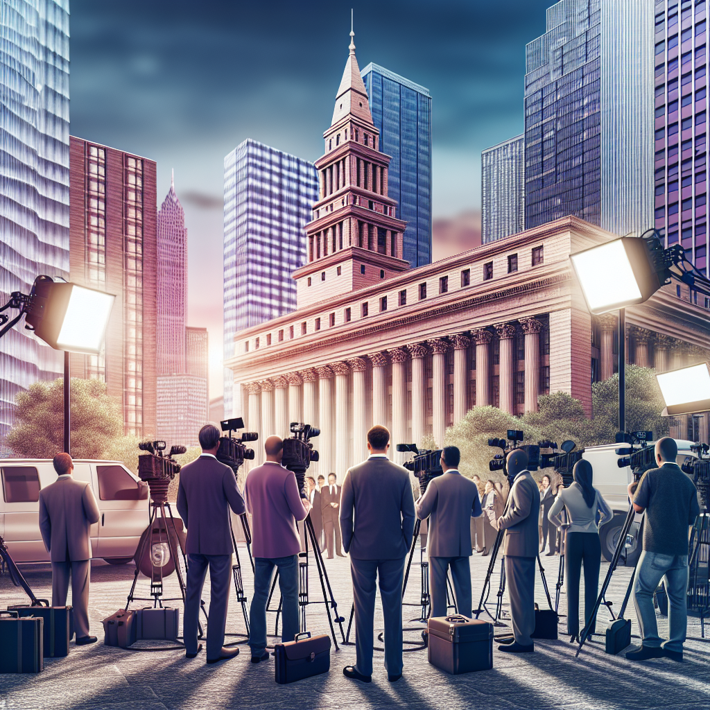Create a DALL·E-style image of a scene outside a New York courthouse filled with media personnel, with the mood conveying a sense of anticipation and gravity. No recognisable people or text.