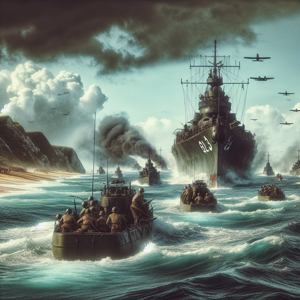 Create a powerful, vivid DALL·E-style image of the D-Day invasion, with an emphasis on the vast armada of Allied landing crafts heading towards the Normandy beaches under a strife-filled sky.