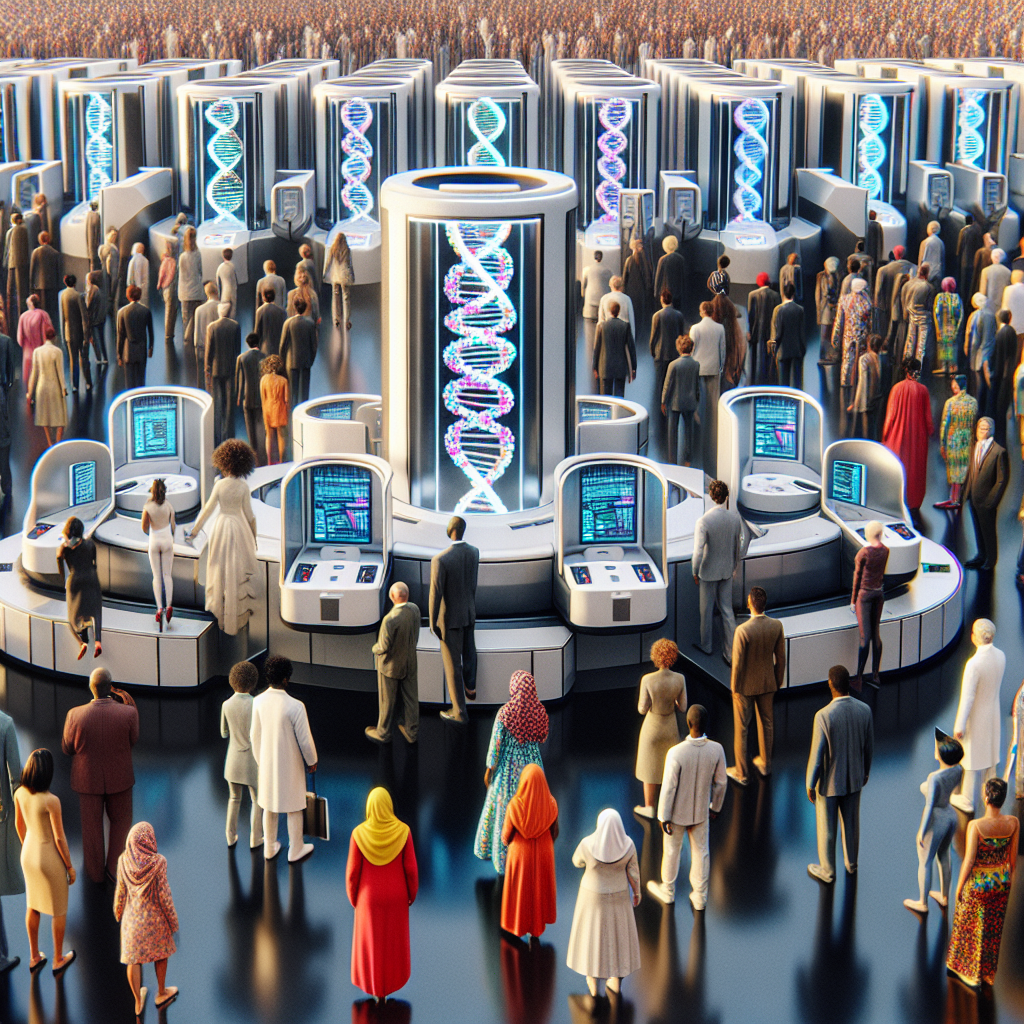 A scene at a futuristic voting station with several individuals initiating their votes through DNA scanners, marking a new era of participative democracy.