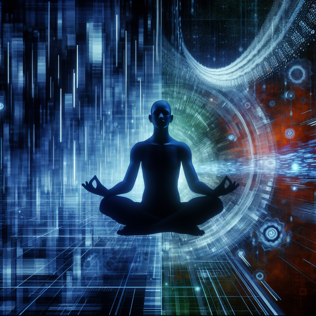 A serene image of a meditating silhouette amidst digital chaos