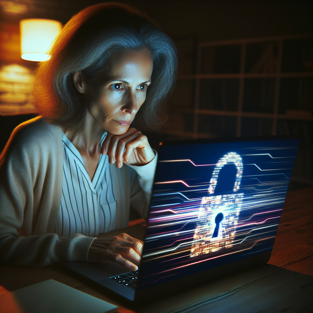 Visualise a middle-aged woman, Ada, sat at her dimly lit study desk late at night. She's focused on her laptop screen, where a lock symbol and streams of code represent the process of end-to-end encryption.