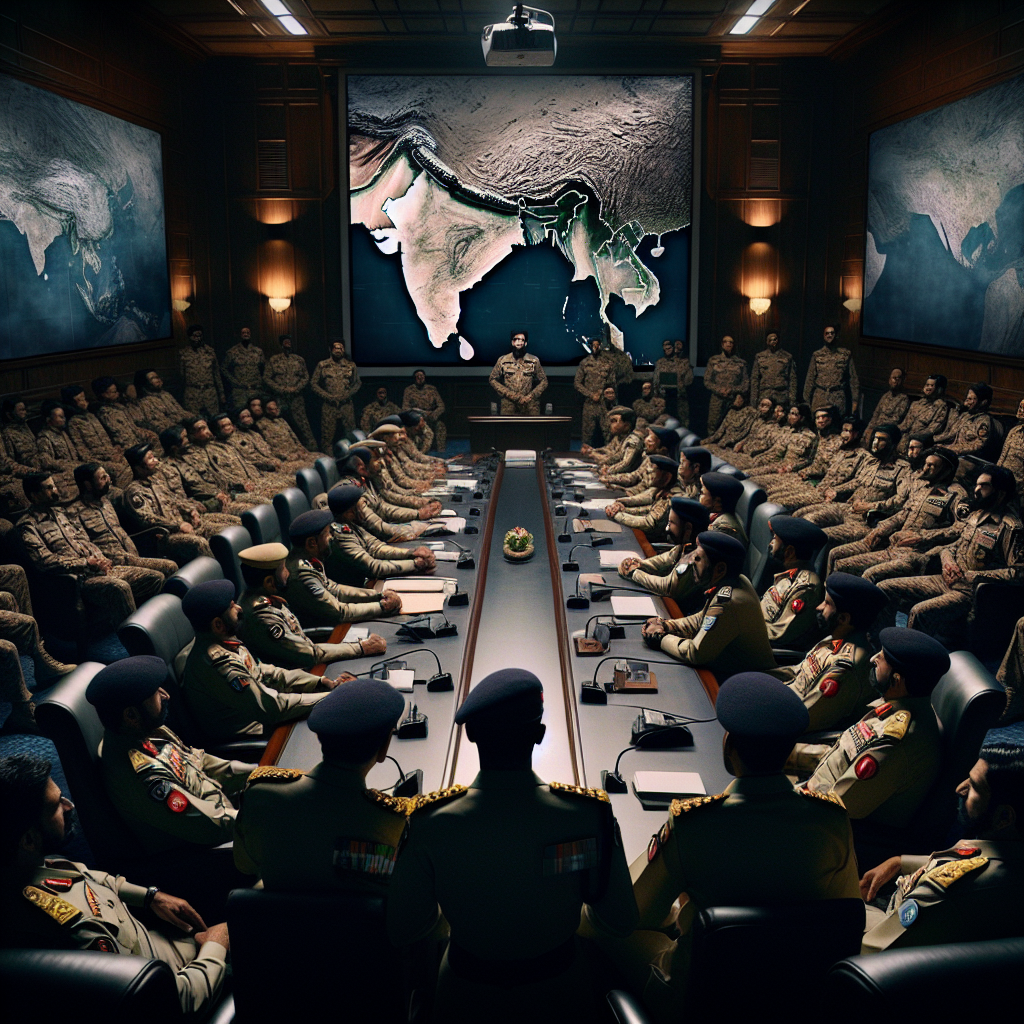 A tense conference room filled with military officers from Pakistan. A projector screen displays a map of the India-Pakistan border prominently. The officers, arrayed in various uniforms, look grim and concerned.