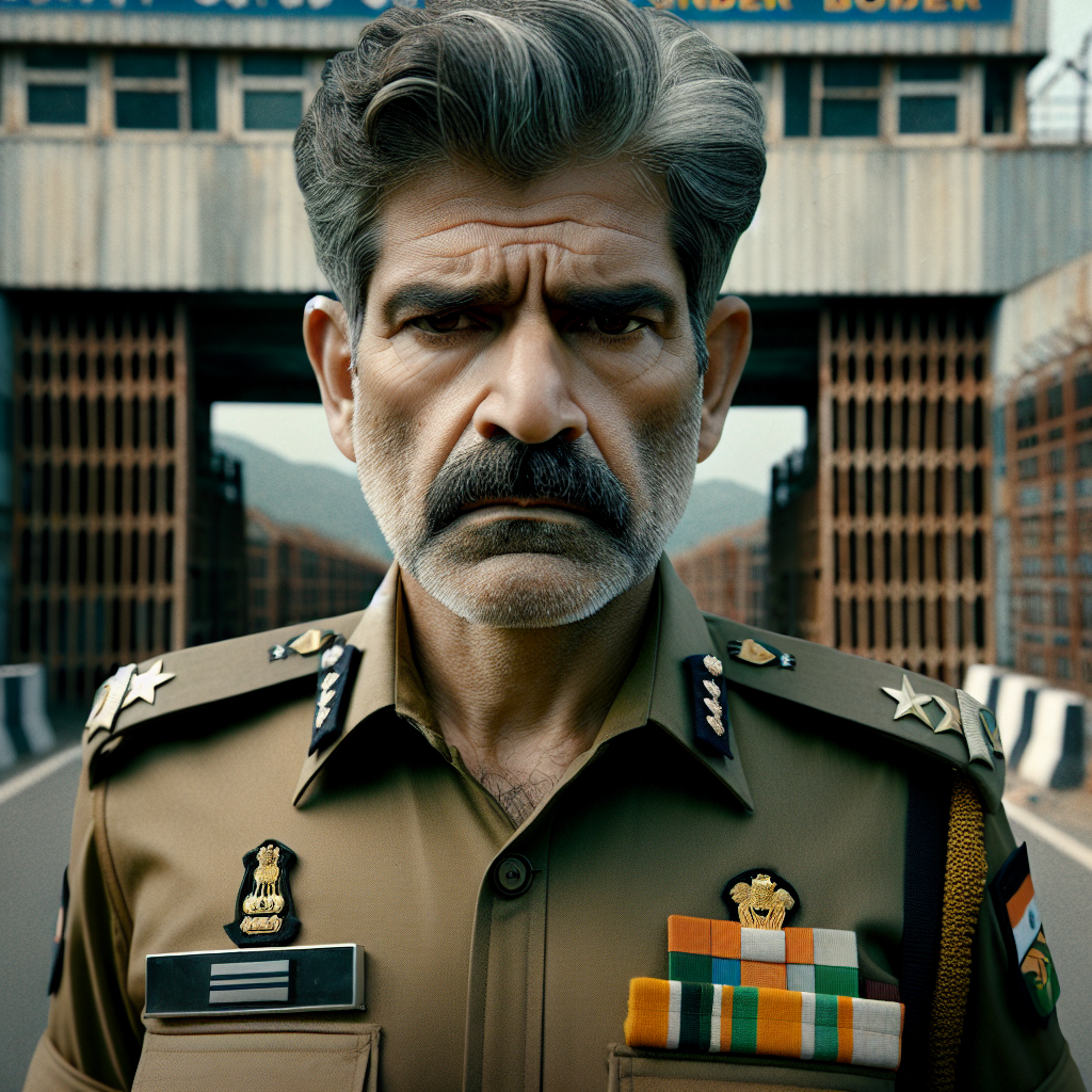 A stern-looking Indian border security officer, around 40 years of age with grizzled hair, standing against the backdrop of the closed border gates. His uniform, sporting multiple medals and patches, signifies his authority, while his concerned expression reflects the escalating tension.