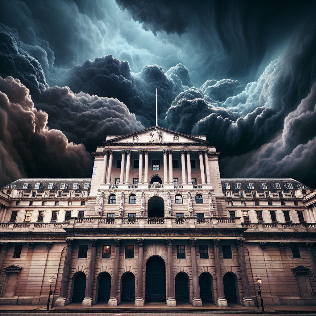 Create a realistic DALL·E-style image of the Bank of England against a backdrop of dark, stormy clouds symbolising a murky economic outlook. The building should be in focus, with an emphasis on its grandeur and historical significance.