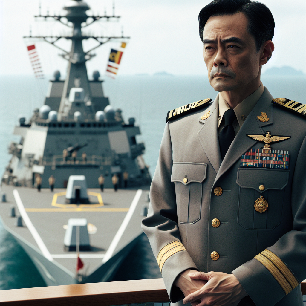 Kim Jong Un, a middle-aged Korean man, stands on the bridge of a ship and overlooks the new naval destroyer. He is wearing his usual military uniform, his face stern as he inspects the ship.