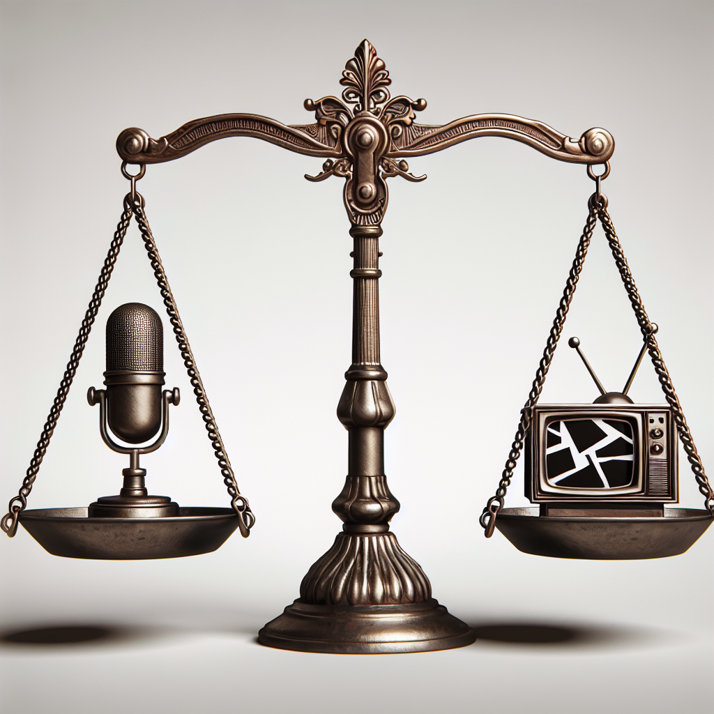 A scale balanced with a news microphone on one side and fake news icon on the other