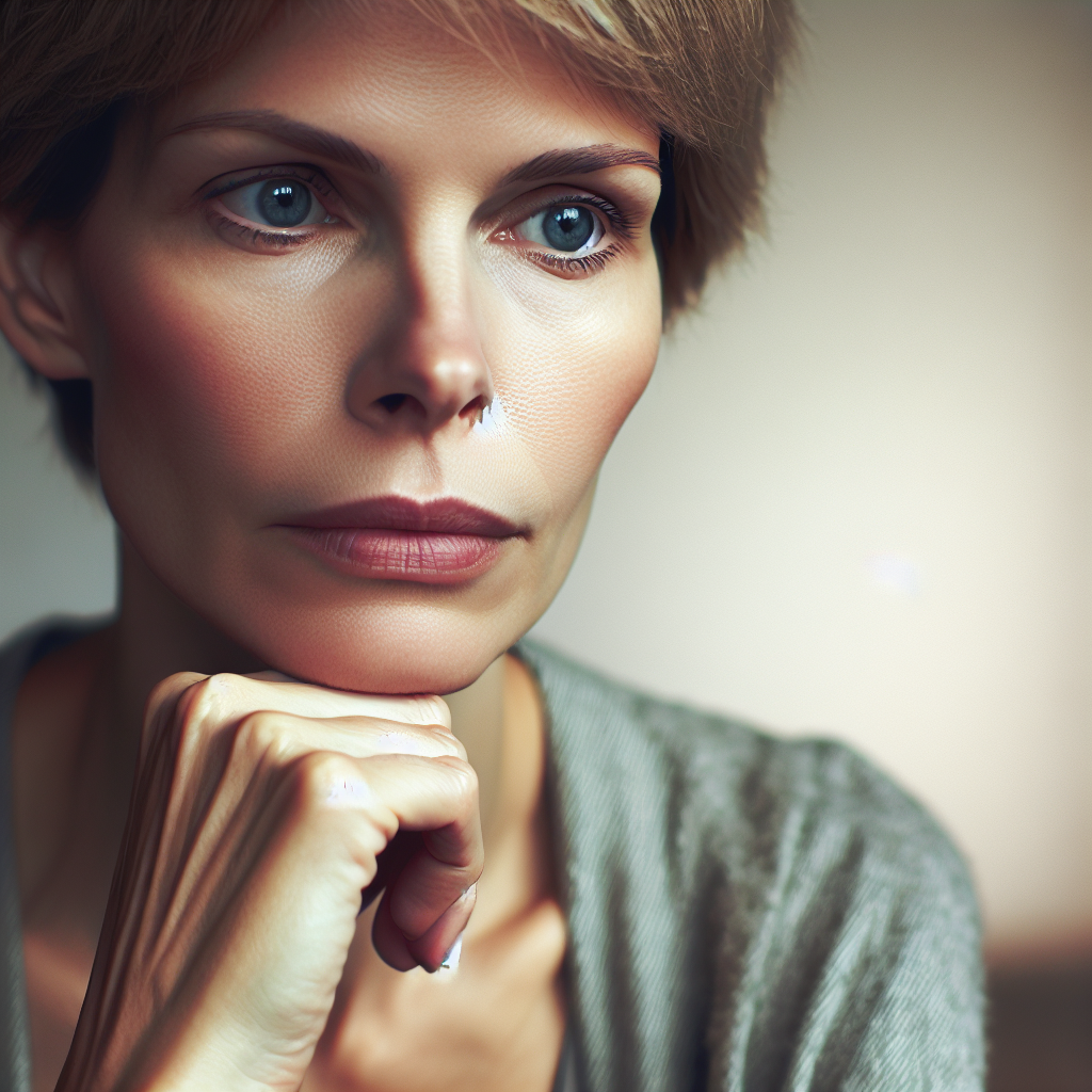 Virginia Giuffre, 38, an American woman with a fair complexion, short blond hair and blue eyes, is frozen in a thoughtful expression. The neutral background is out of focus with soft, muted colours, placing the spotlight on Virginia's solemn face.