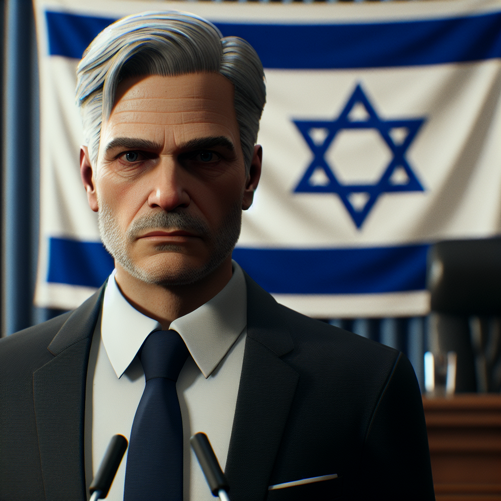 Prime Minister Benjamin Netanyahu giving a serious speech in a room with an Israeli flag in the background