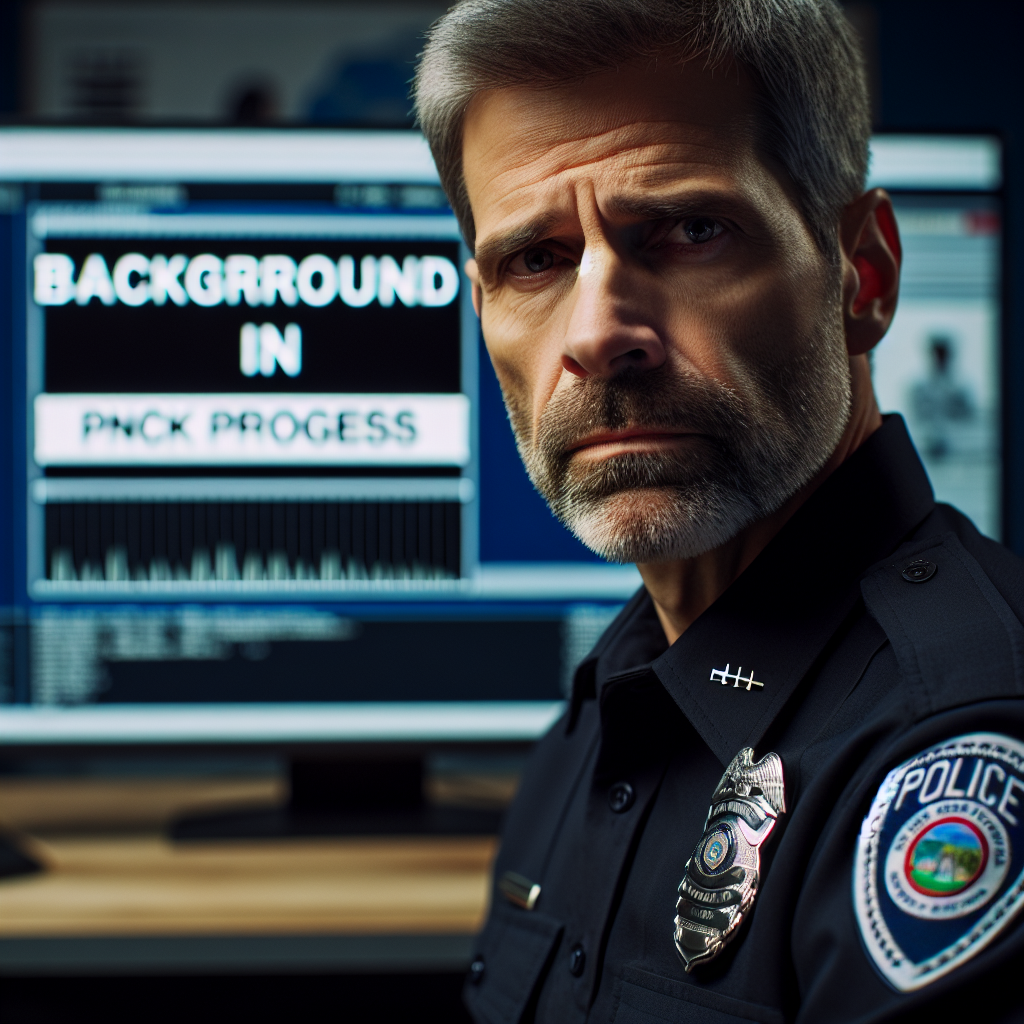 A uniformed male police officer of Caucasian ethnicity aged around 40, looking tense and anxious, as he sits in front of a computer screen displaying 'background check in progress'. His badge and uniform are clearly visible.