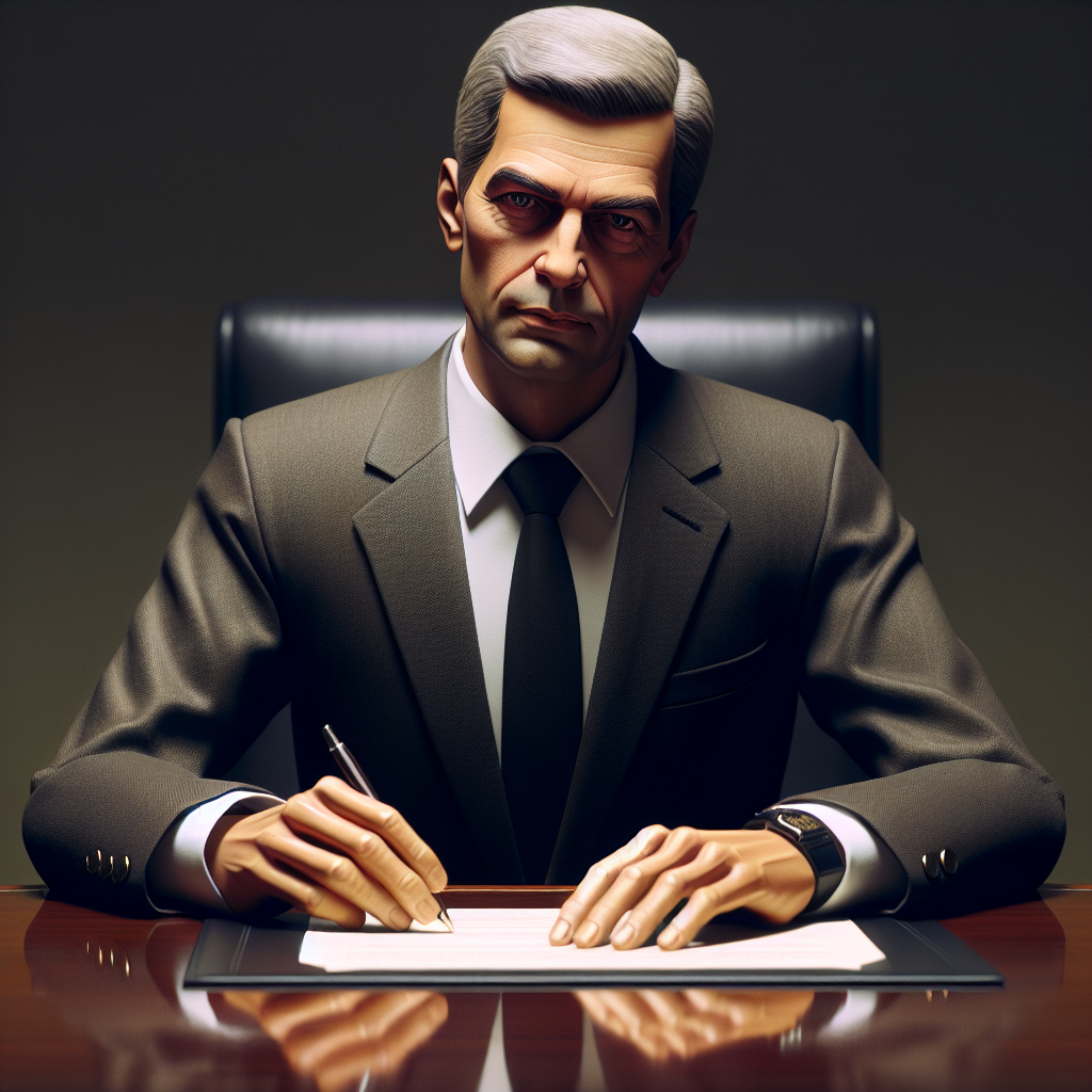 Depict Russian president Vladimir Putin, aged 69 with fair skin and short cropped grey hair, sitting at a polished wood conference table with a stern expression. His hand is poised above a document, ready to sign.