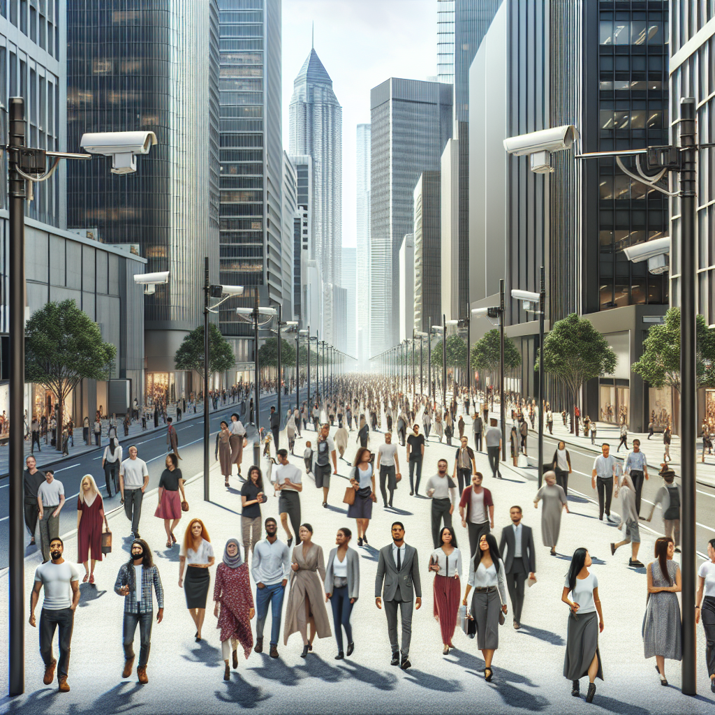 A crowded city street with surveillance cameras visible