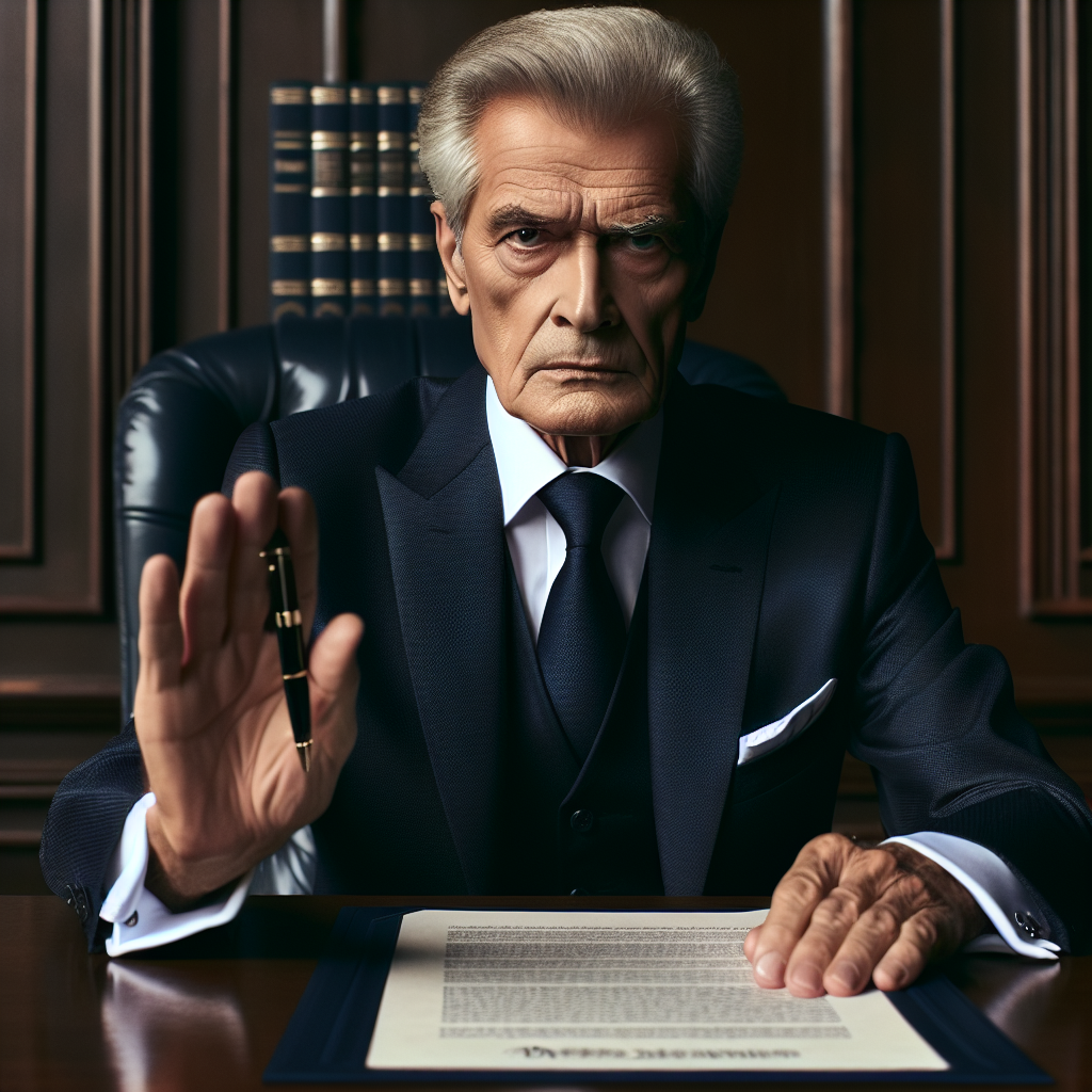 A determined Donald Trump, 75, Caucasian, in a navy suit, sits behind a desk, waving a peace treaty. His stern expression reflects his plea for a resolution in Ukraine.
