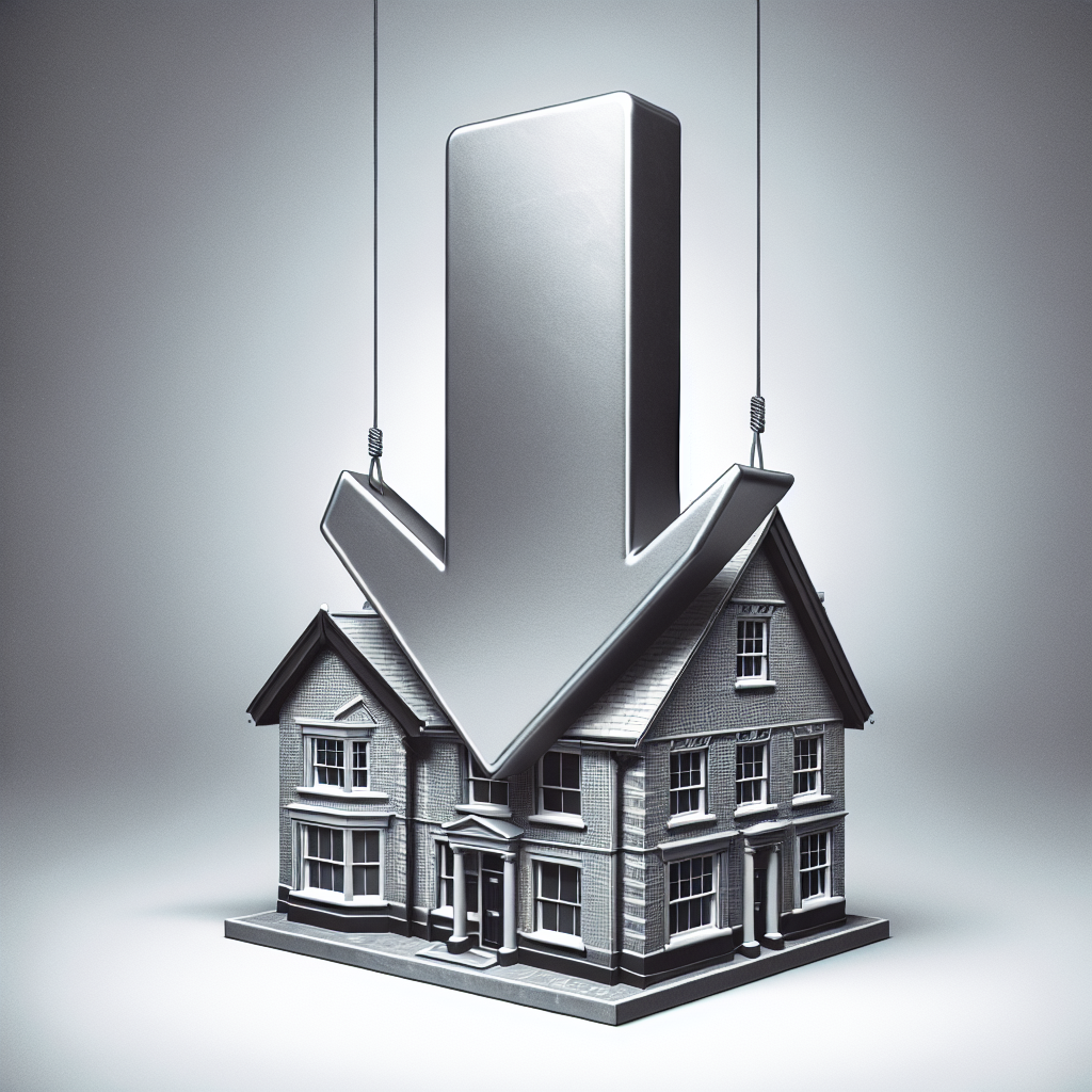 Create a symbolic image of a house under a descending arrow to represent the fall in house prices due to the stamp duty changes. Make the image monochrome for dramatic impact. The house should have typical UK architectural design cues, giving the image a regional context. The arrow should be noticeably larger than the house, denoting the significant impact of the tax changes.