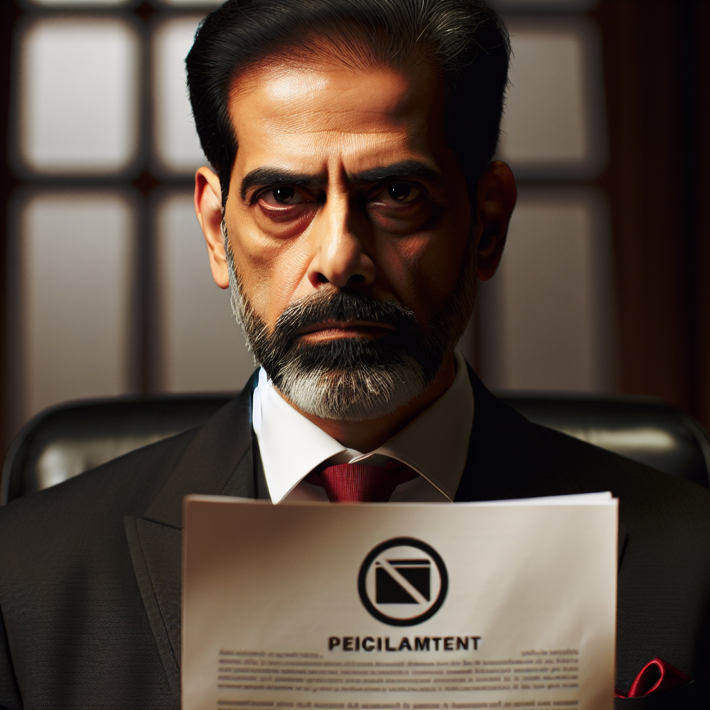 A stern, middle-aged government official holds up a document with the legislation on social media penalties. He wears a black suit, red tie, and has a look of grave concern.