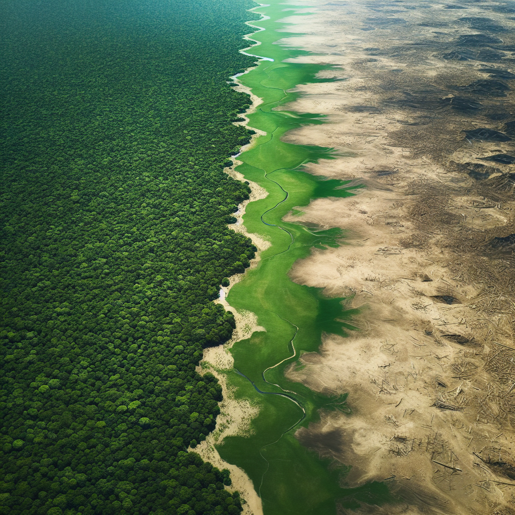 An aerial image showing lush greenery abruptly merging with arid lands, representing the line between what could have been, and what is.