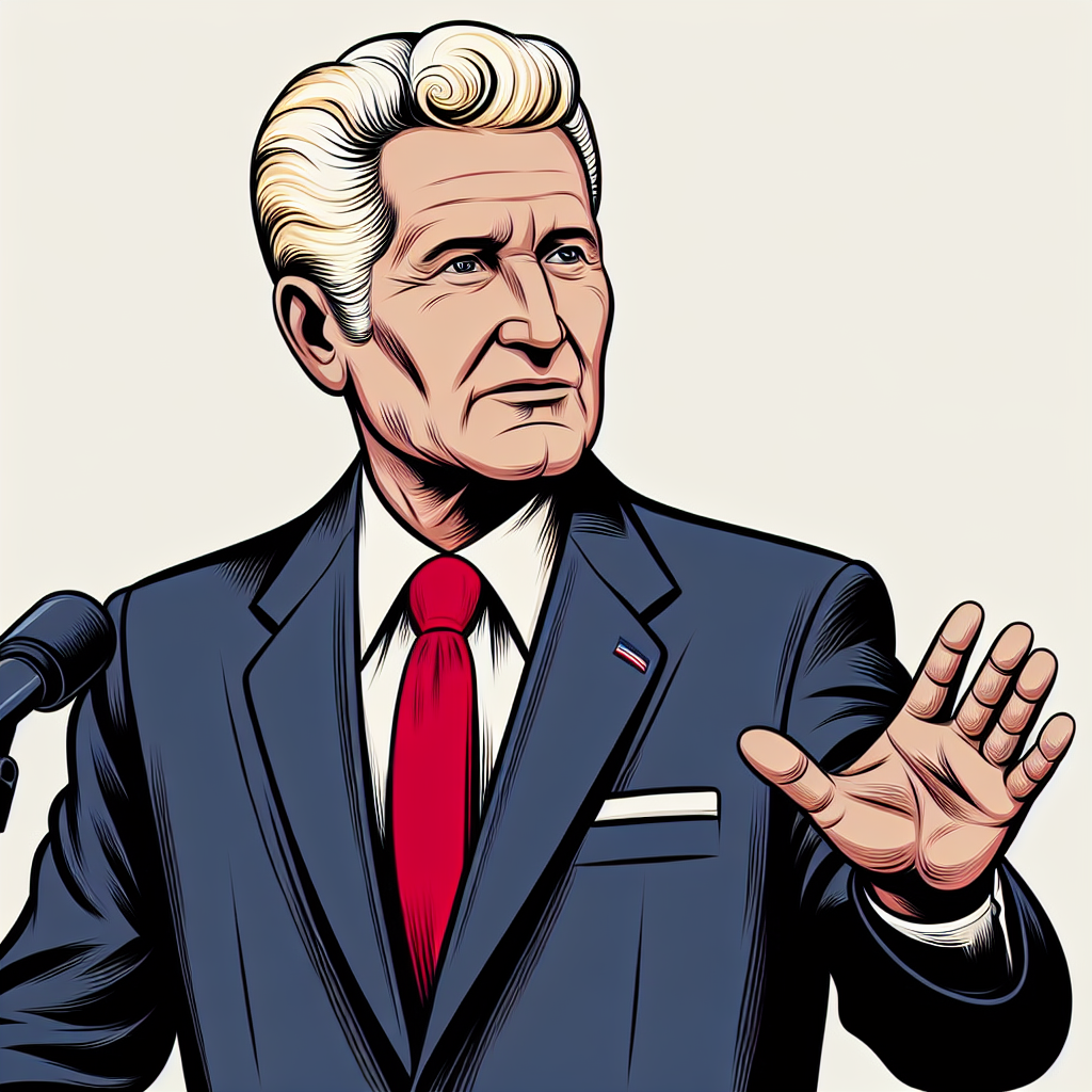 An animated figure of 74-year-old Donald Trump, a white man with distinctive blonde hair, gesturing during a press conference. He's wearing his notorious navy suit, paired with a red tie. His expression appears hopeful and serious.