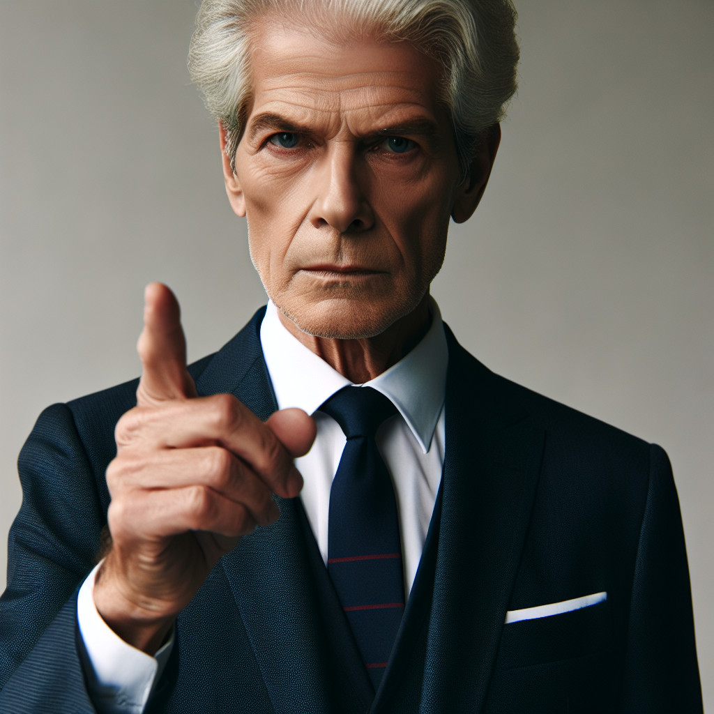 Visualise a stern-faced Donald Trump, 75, Caucasian, silver hair, wearing a crisp, navy blue suit, pointing his finger as if addressing someone firmly.