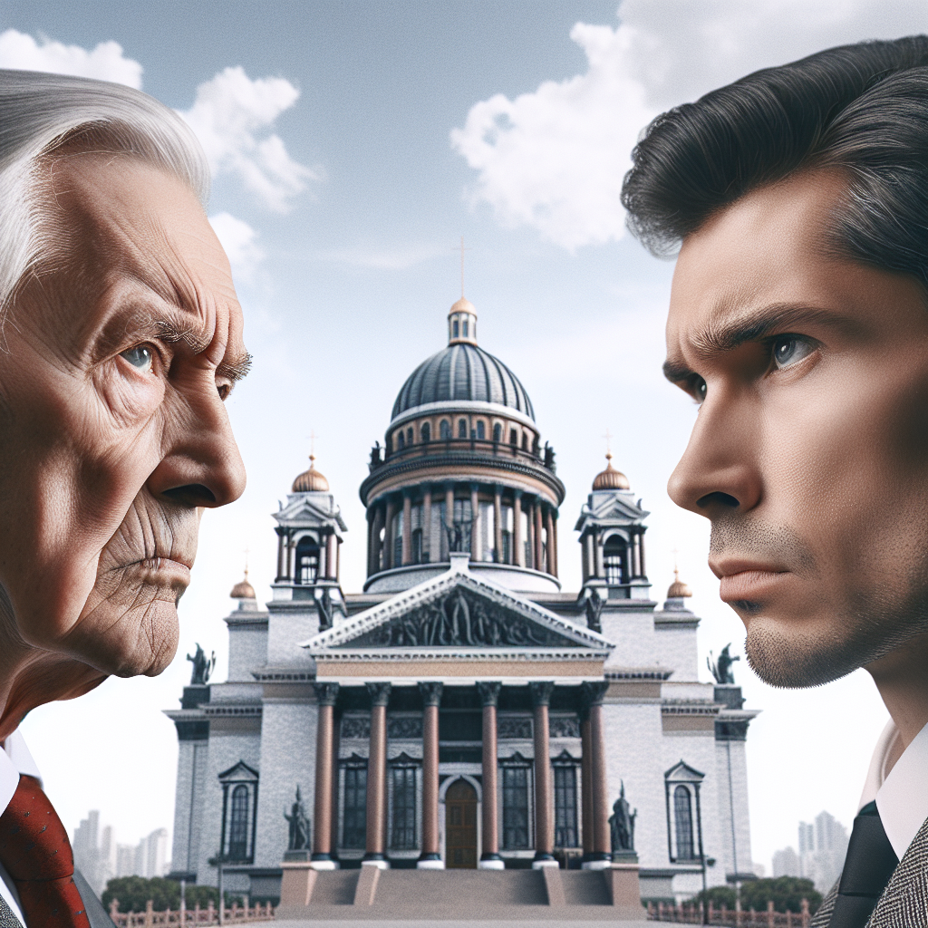Former USA president Donald Trump, 75, caucasian, tanned skin, grey hair, displaying a stern expression, and Volodymyr Zelensky, 43, East Slavic, fair-skinned, short black hair, showing determination, face-off at St Peter’s Basilica's monumental structure backdrop displaying its grandeur.