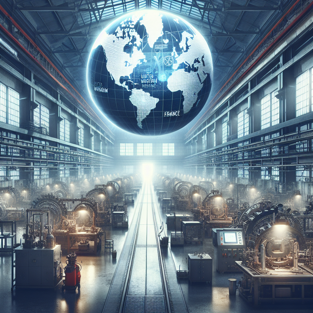 Illustration of a UK-based arms manufacturing factory with a globe highlighting UK, US, and France in the background.