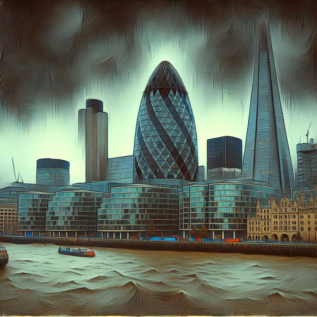 Create an image depicting the UK's financial district with a gloomy sky overhead, representing the delayed economic growth. Make sure buildings like the Gherkin and the Shard are recognisable but there should be no text or logos.