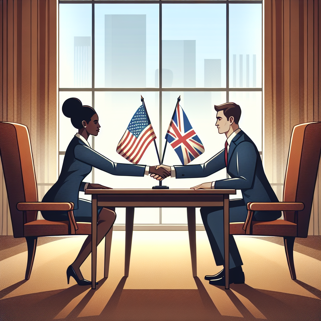 Depict a symbolic representation of trade talks, with two figures shaking hands over a table with flags of UK and US.