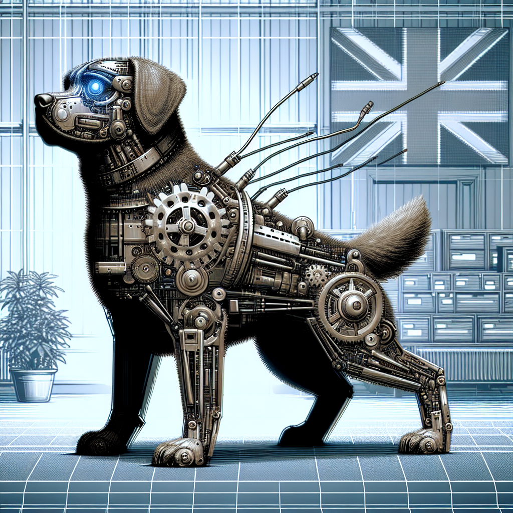 A watchdog with high-tech gears, symbolizing the new UK regulator overlooking digital scaled-up tech companies in the UK.