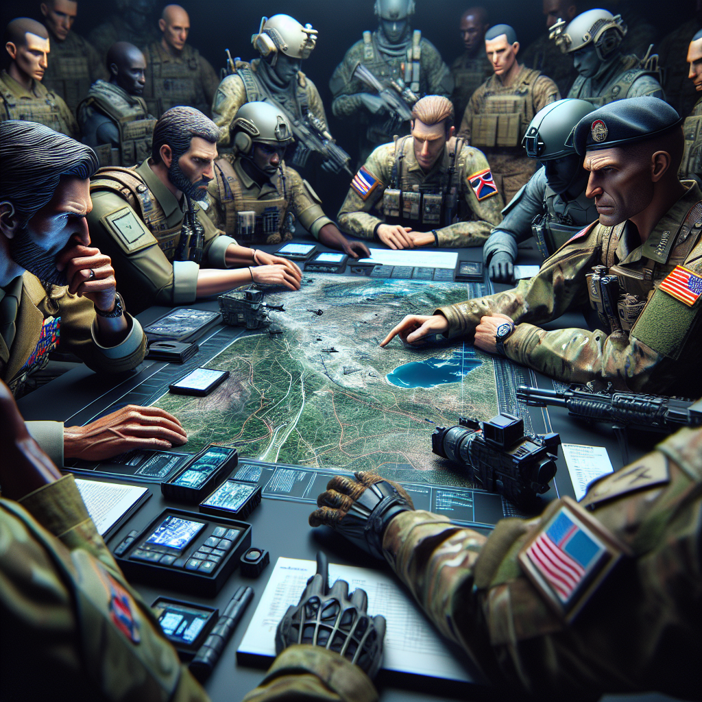 Create a realistic, compelling DALL·E-style image depicting a moment of strategic planning between UK and US military representatives. Showcase intense focus, diversity among soldiers and modern technology on an operation table.