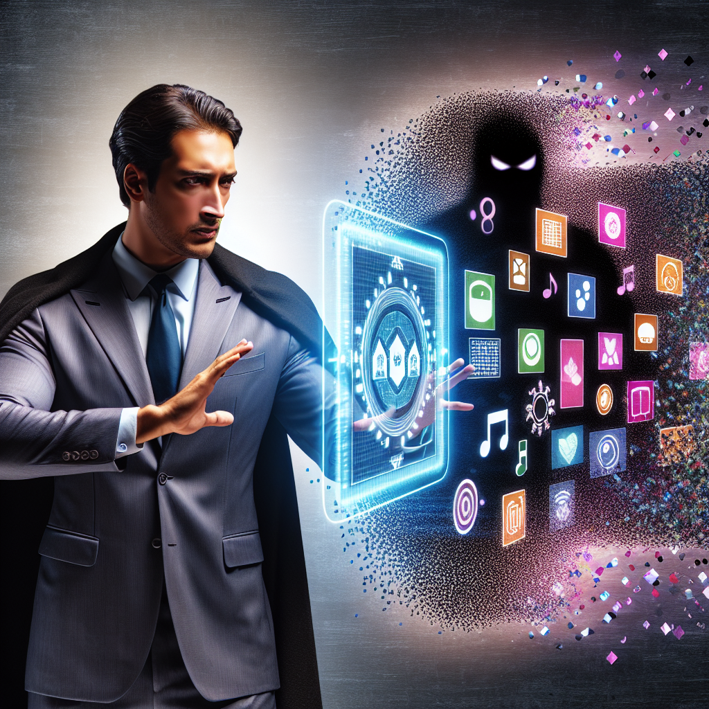 A stylish mid-30s man of South Asian ethnicity, wearing professional attire while protecting a glowing digital screen displaying various icons—music, art, text, video—from an onslaught of lurking pixelated shadows.