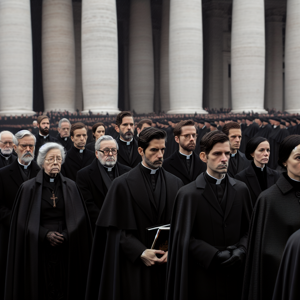 A solemn procession of world leaders, across age and ethnicity, dressed in dark attire, file into the grand St. Peter's Basilica under leaden skies. They embody a mixture of sadness, respect, and sober reflection.