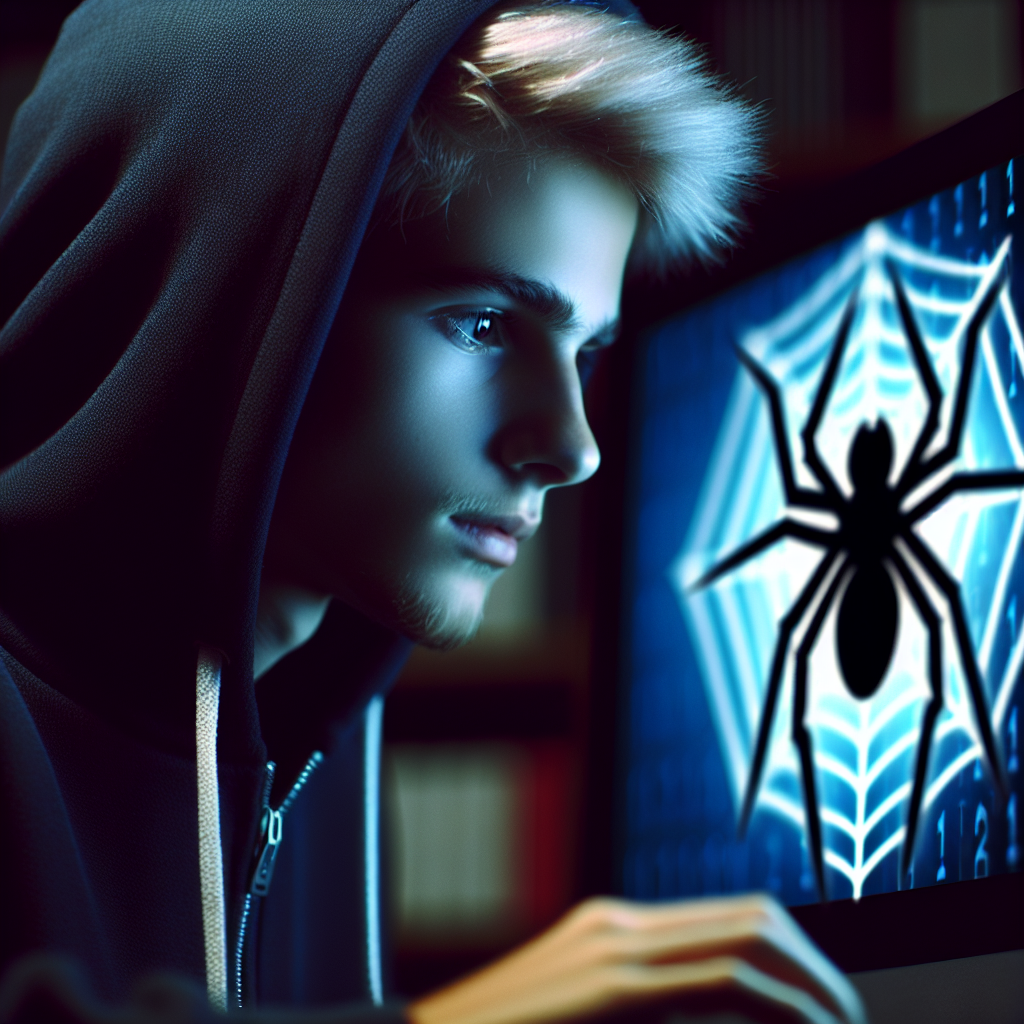 Visualise a teenage hacker, named James, aged 17, of English descent. Clad in dark hoodie, he's engrossed in his computer screen, displaying a spider logo - the symbol of Scattered Spider, illuminating his stern face in the dimly lit room.
