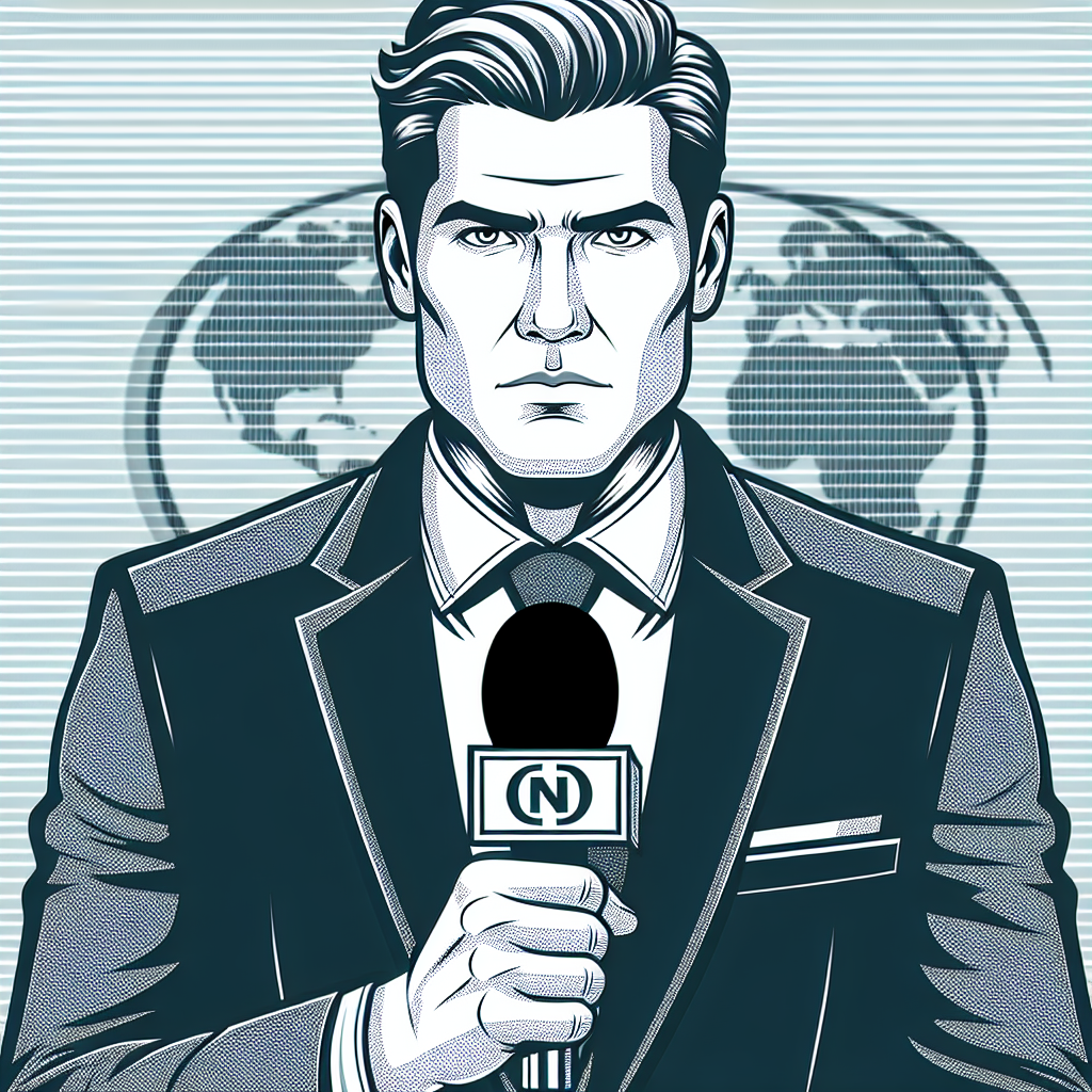 Create a DALL·E-style image of a stern-looking BBC presenter with a microphone, in front of a BBC logo. The presenter should look approximately middle-aged and be dressed in typical news presenter attire.