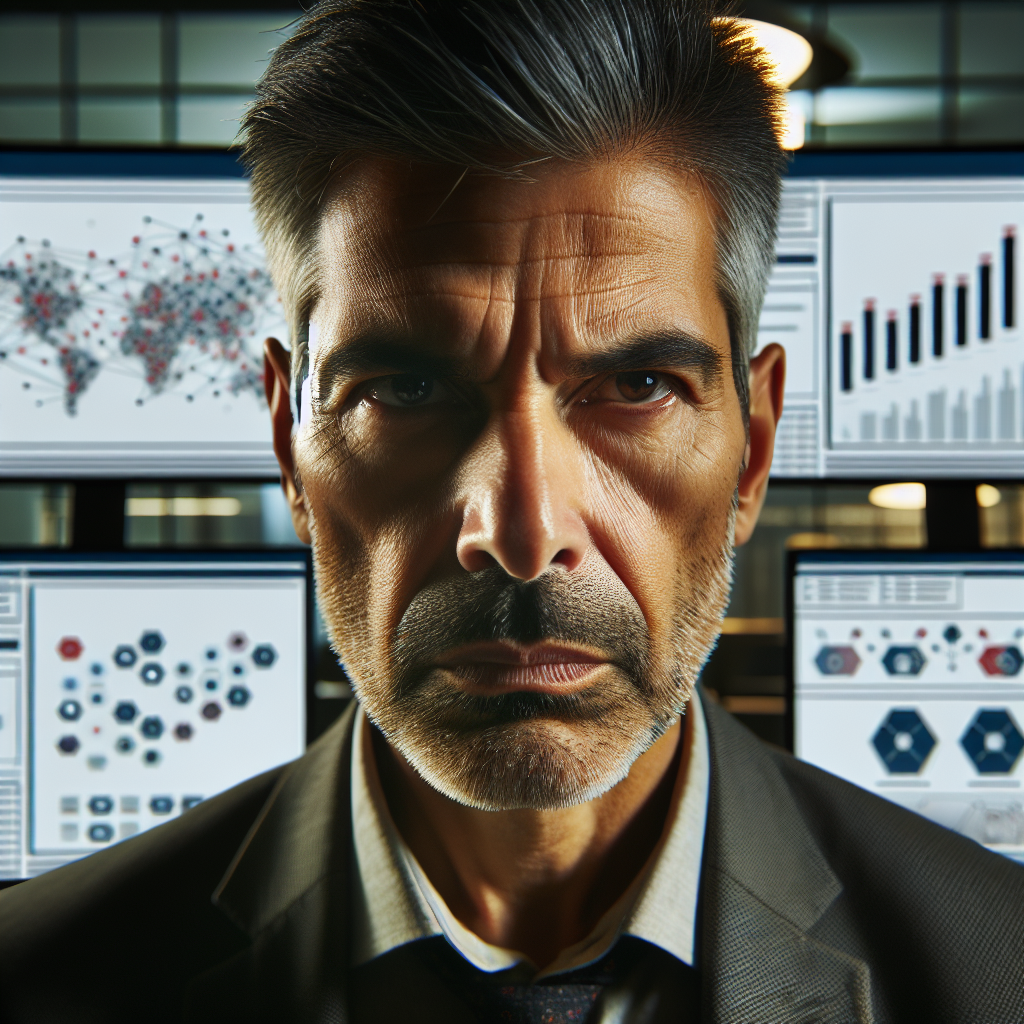 A stern-faced, middle-aged man of mixed ethnicity, dressed in business-casual attire and seen before numerous computer monitors filled with social media algorithm data. He bears a troubled expression, indicative of the gravity of the issue.