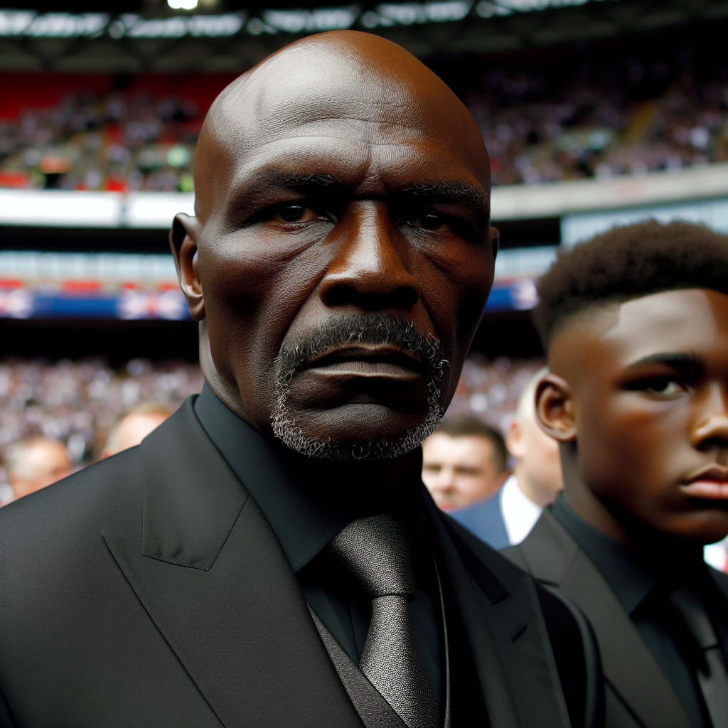 Chris Eubank Sr, a black British man in his mid-60s with a shaved head, is seen arriving at the venue. His skin is dark brown, with a sense of toughness borne from his years in the ring. His eyes, almost obscured by his sunglasses, carry a determined expression. Dressed in a tailored black suit with a silver tie, he appears both elegant and imposing. Next to him, his son, Chris Eubank Jr, mirrors his father's intense gaze. The atmosphere is tense as they approach the bustling Tottenham Hotspur Stadium, flooded with eager spectators.