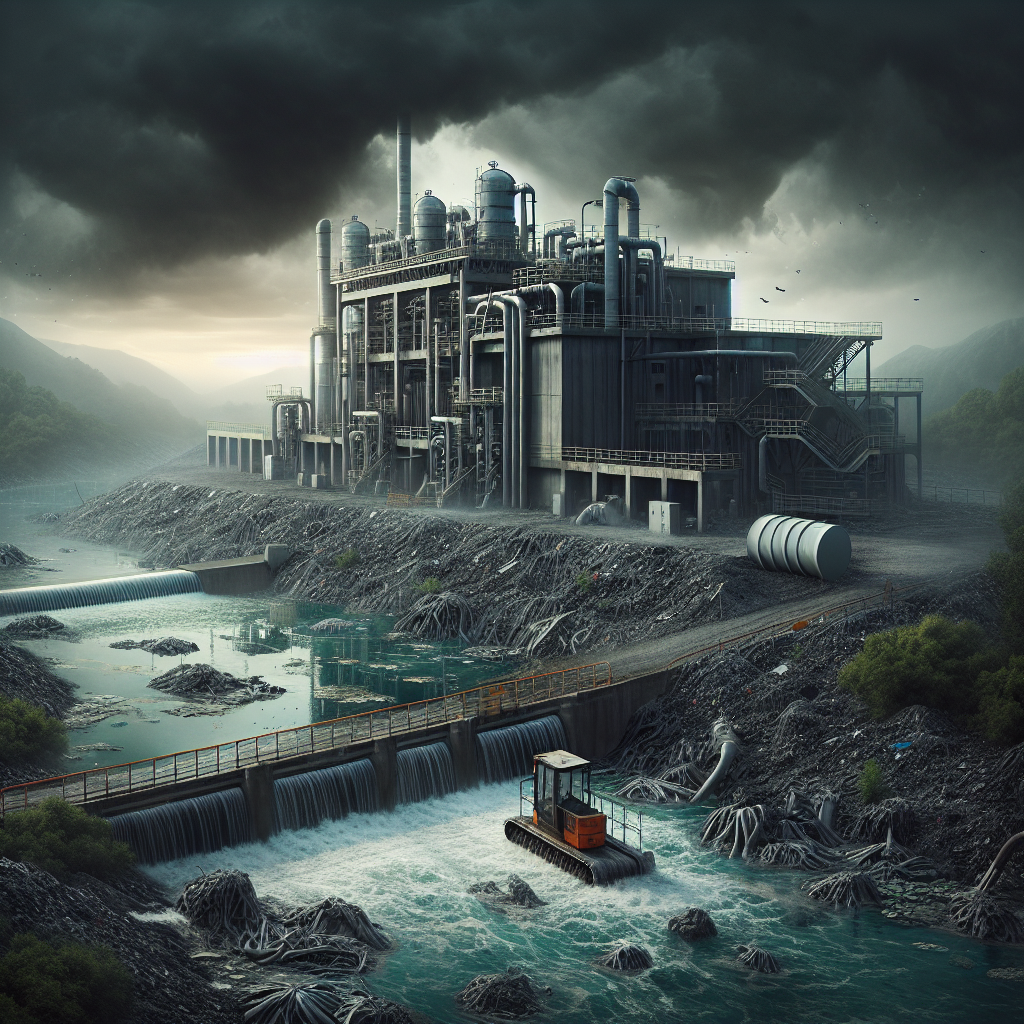 Depict an ominous image of a water treatment plant with a densely polluted river nearby, hinting at the severity of the environmental effects of the illegal sewage spills.
