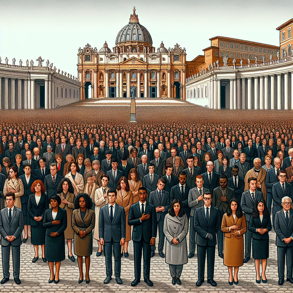 A diverse crowd of dignitaries standing in solemn silence at St. Peter's Square in the Vatican, the backdrop a cathedral in the preparation stage for a funeral.